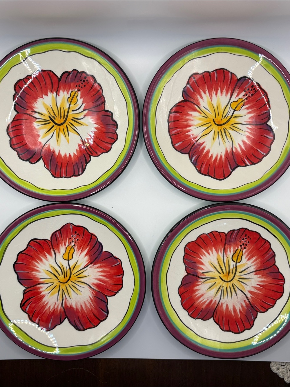 Hand-Painted Red Hibiscus Ceramic Dinner Plates - Set of 4 from Clay Art